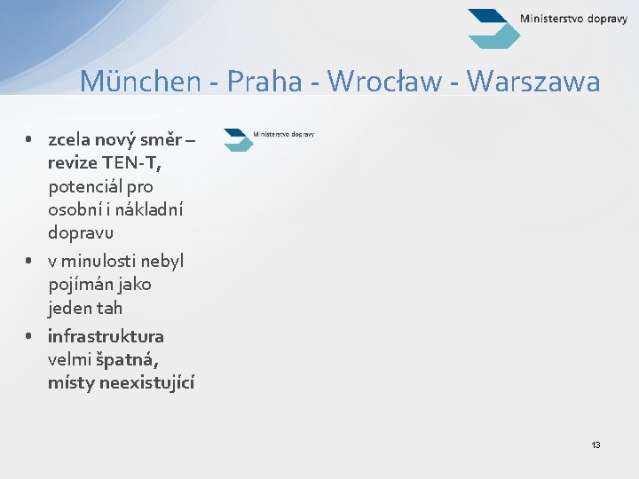 München - Praha - Wrocław - Warszawa • zcela nový směr – revize TEN-T,