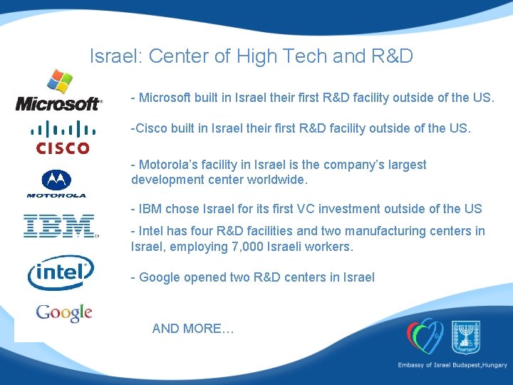 Israel: Center of High Tech and R&D - Microsoft built in Israel their first