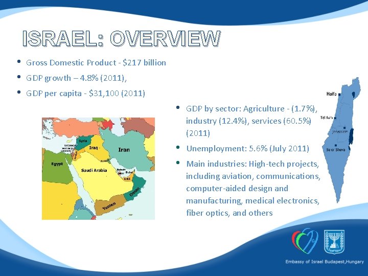 ISRAEL: OVERVIEW • • • Gross Domestic Product - $217 billion GDP growth –