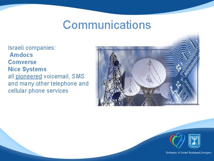 Communications Israeli companies: Amdocs Comverse Nice Systems all pioneered voicemail, SMS and many other