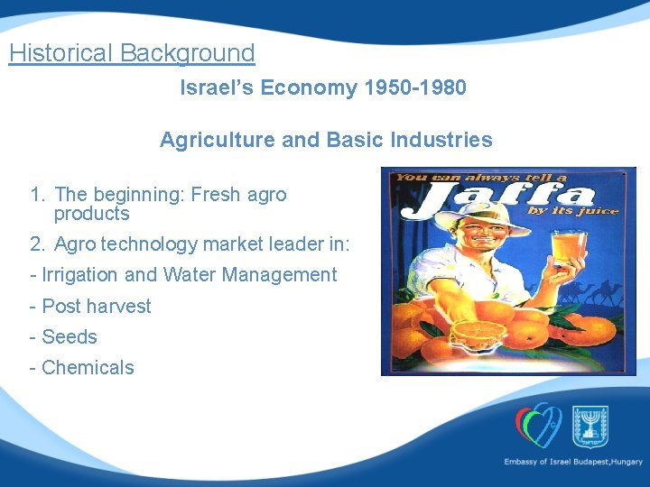 Historical Background Israel’s Economy 1950 -1980 Agriculture and Basic Industries 1. The beginning: Fresh