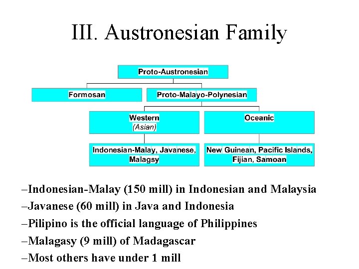 III. Austronesian Family –Indonesian-Malay (150 mill) in Indonesian and Malaysia –Javanese (60 mill) in