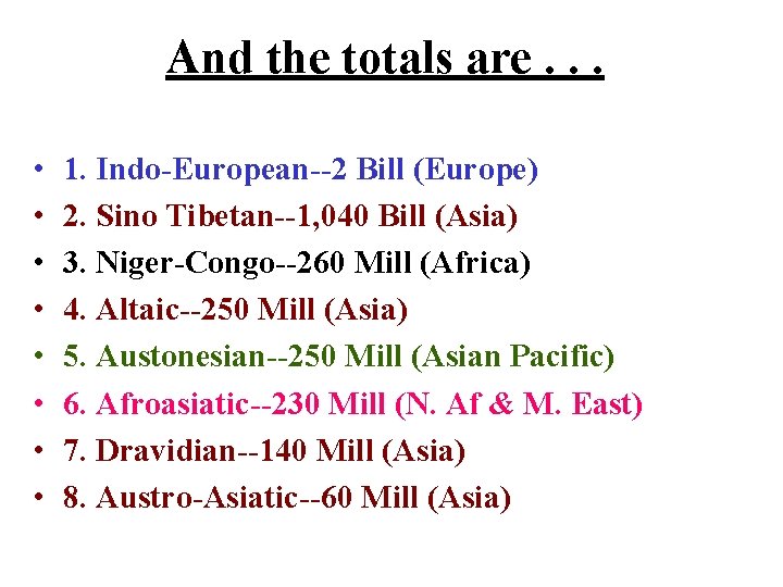 And the totals are. . . • • 1. Indo-European--2 Bill (Europe) 2. Sino