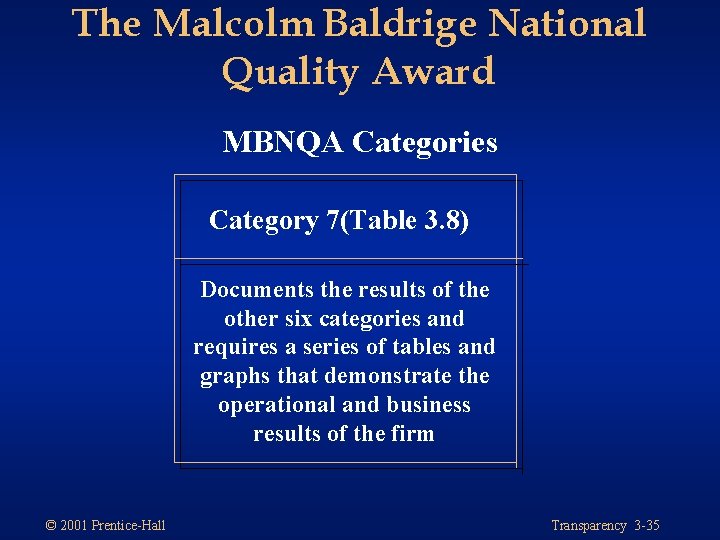 The Malcolm Baldrige National Quality Award MBNQA Categories Category 7(Table 3. 8) Documents the