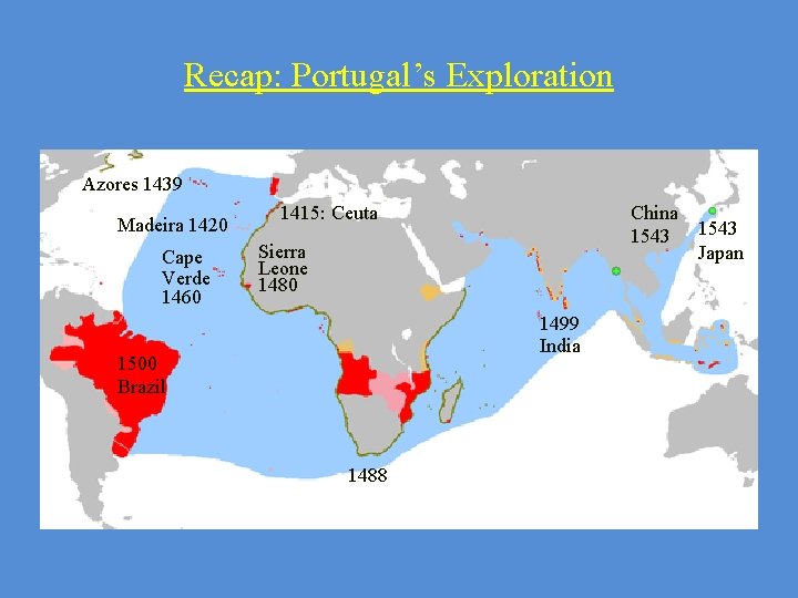 Recap: Portugal’s Exploration - What did Portugal’s Exploration consist of? Azores 1439 Madeira 1420