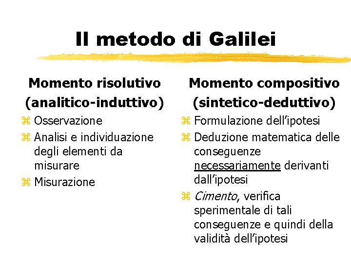 Il metodo di Galilei Momento risolutivo (analitico-induttivo) z Osservazione z Analisi e individuazione degli