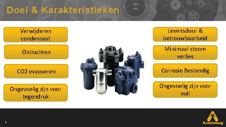 Doel & Karakteristieken 3 Verwijderen condensaat Levensduur & betrouwbaarheid Ontluchten Minimaal stoom verlies CO