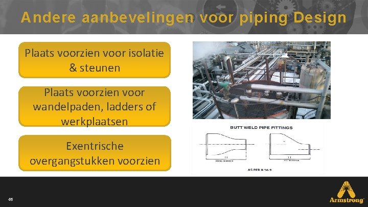 Andere aanbevelingen voor piping Design Plaats voorzien voor isolatie & steunen Plaats voorzien voor