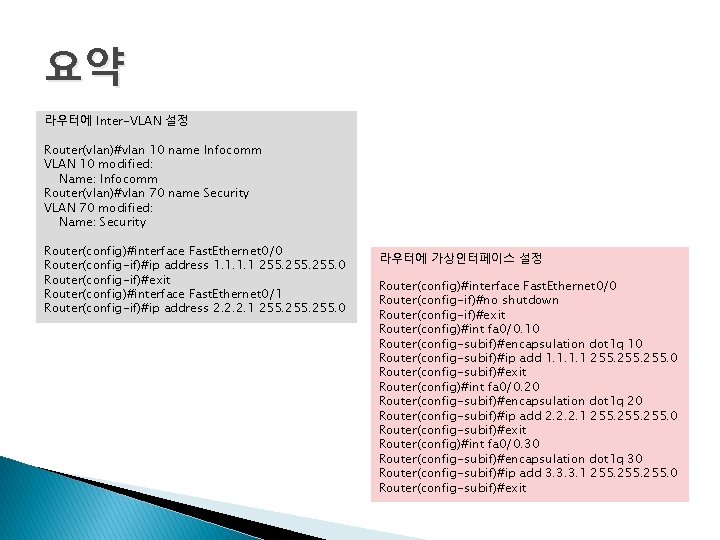 요약 라우터에 Inter-VLAN 설정 Router(vlan)#vlan 10 name Infocomm VLAN 10 modified: Name: Infocomm Router(vlan)#vlan