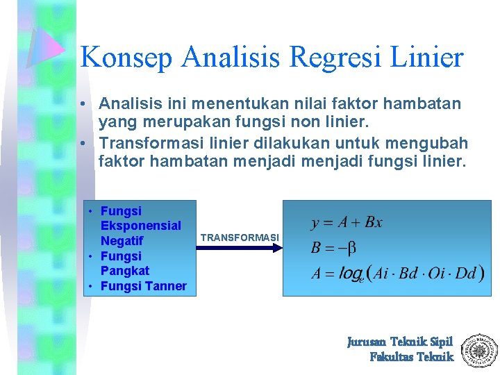 Konsep Analisis Regresi Linier • Analisis ini menentukan nilai faktor hambatan yang merupakan fungsi