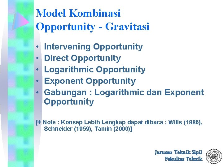 Model Kombinasi Opportunity - Gravitasi • • • Intervening Opportunity Direct Opportunity Logarithmic Opportunity