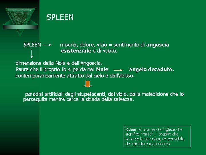 SPLEEN miseria, dolore, vizio = sentimento di angoscia esistenziale e di vuoto. dimensione della