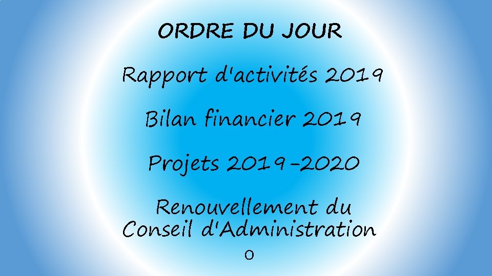 ORDRE DU JOUR Rapport d'activités 2019 Bilan financier 2019 Projets 2019 -2020 Renouvellement du