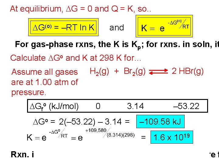 At equilibrium, DG = 0 and Q = K, so. . DG(o) = –RT