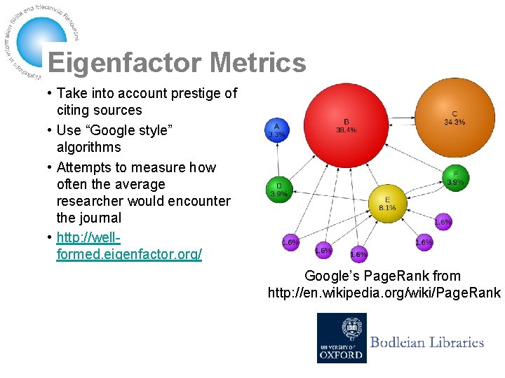 Eigenfactor Metrics • Take into account prestige of citing sources • Use “Google style”