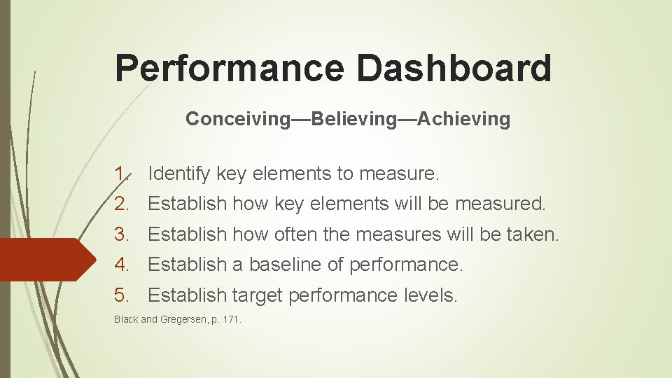 Performance Dashboard Conceiving—Believing—Achieving 1. Identify key elements to measure. 2. Establish how key elements