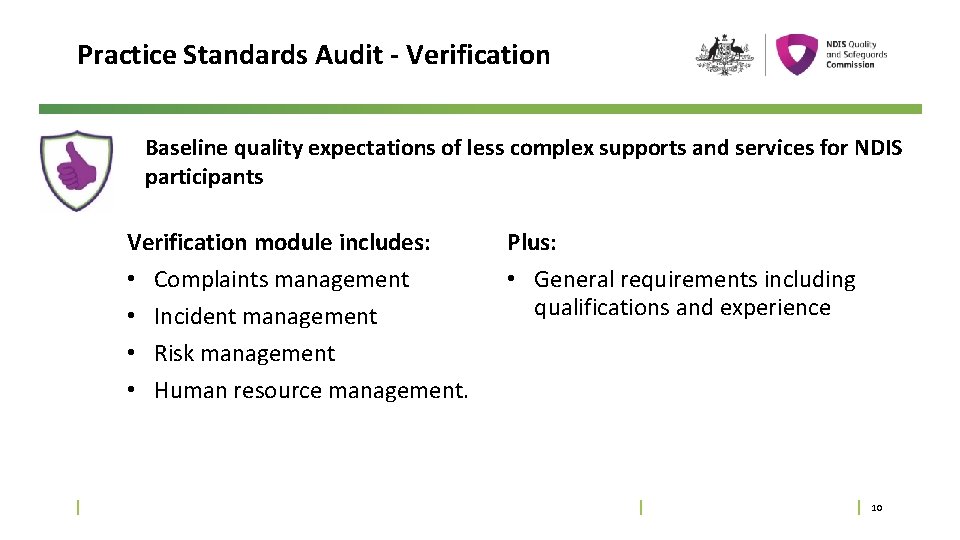 Practice Standards Audit - Verification Baseline quality expectations of less complex supports and services