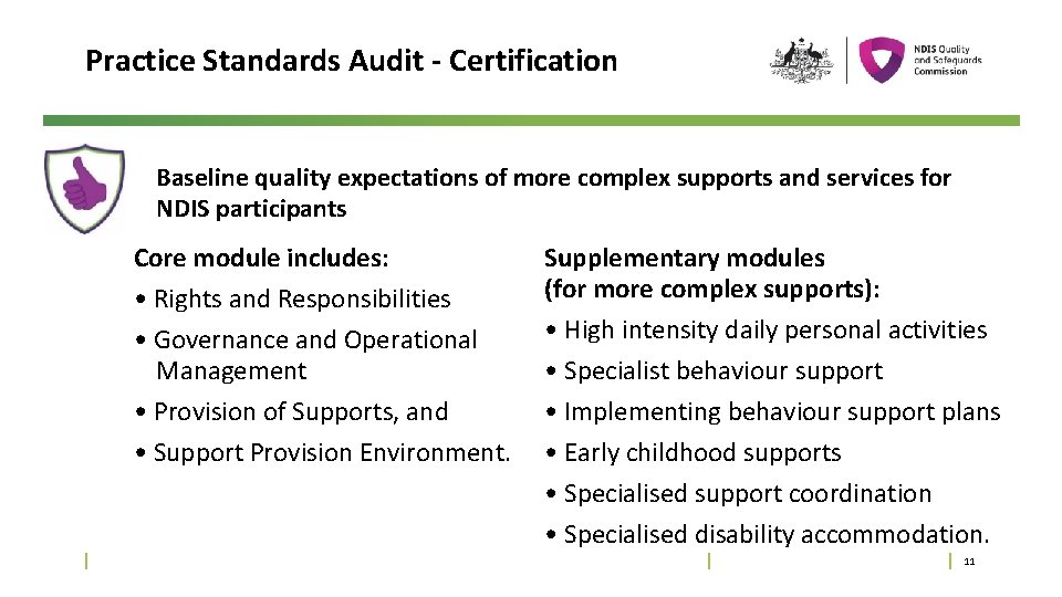 Practice Standards Audit - Certification Baseline quality expectations of more complex supports and services