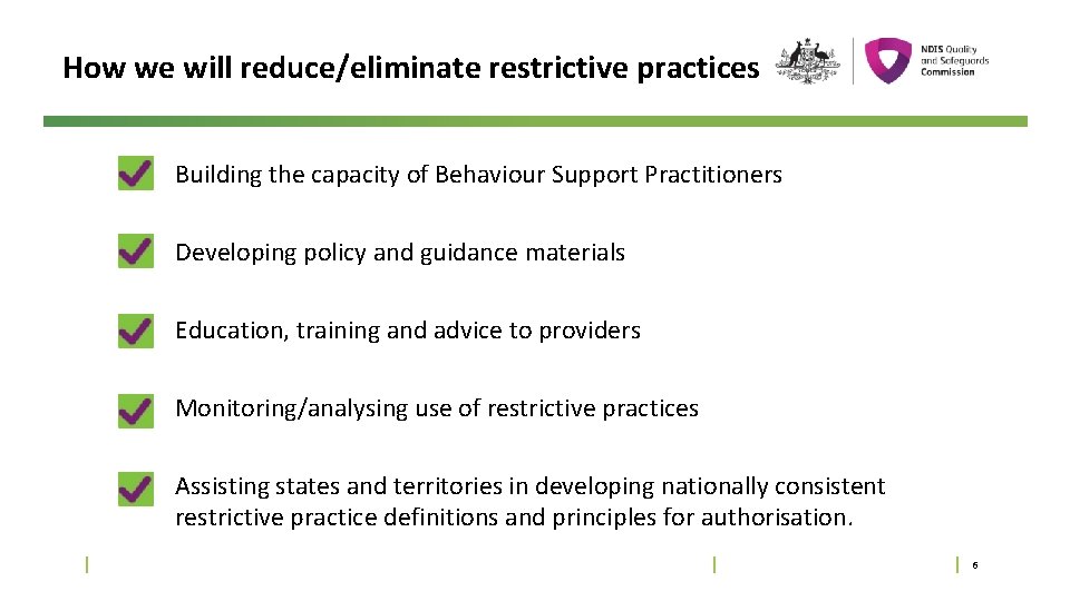 How we will reduce/eliminate restrictive practices Building the capacity of Behaviour Support Practitioners Developing