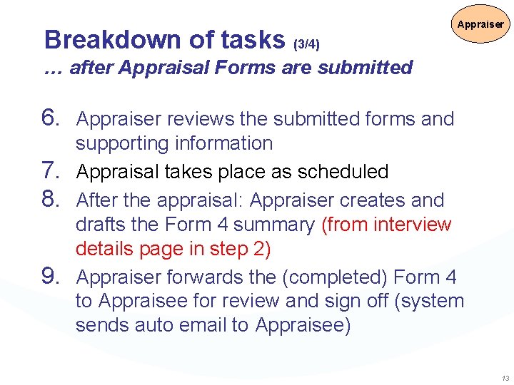 Breakdown of tasks (3/4) Appraiser … after Appraisal Forms are submitted 6. Appraiser reviews