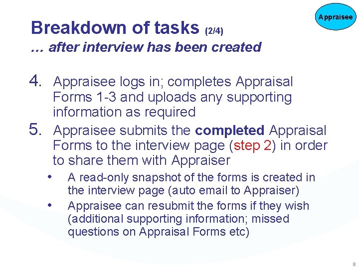 Breakdown of tasks (2/4) Appraisee … after interview has been created 4. Appraisee logs