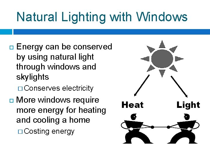 Natural Lighting with Windows Energy can be conserved by using natural light through windows