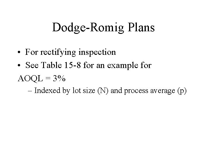 Dodge-Romig Plans • For rectifying inspection • See Table 15 -8 for an example