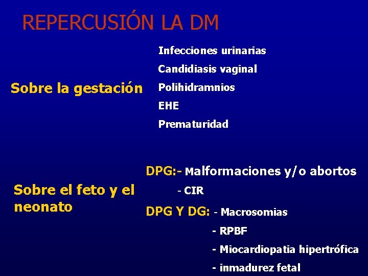 REPERCUSIÓN LA DM Infecciones urinarias Candidiasis vaginal Sobre la gestación Polihidramnios EHE Prematuridad DPG: