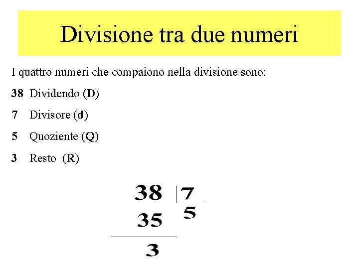 Divisione tra due numeri I quattro numeri che compaiono nella divisione sono: 38 Dividendo