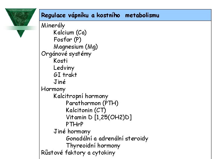 Regulace vápníku a kostního metabolismu Minerály Kalcium (Ca) Fosfor (P) Magnesium (Mg) Orgánové systémy