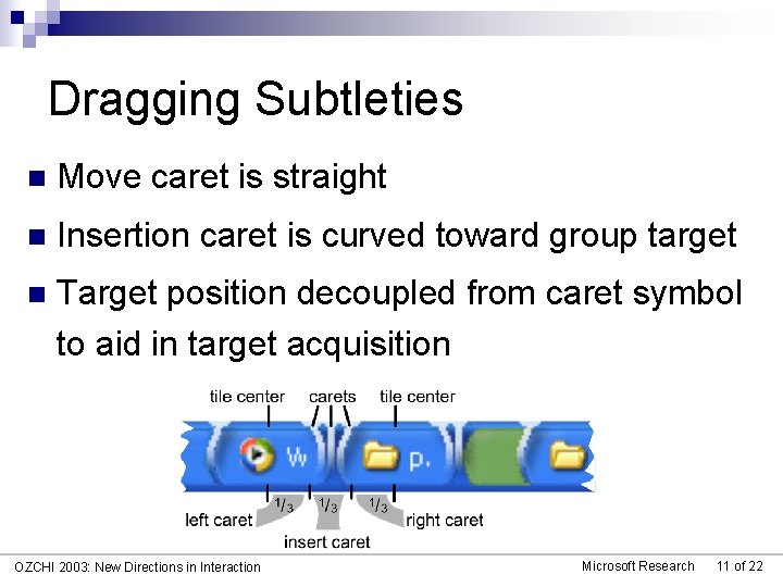 Dragging Subtleties n Move caret is straight n Insertion caret is curved toward group