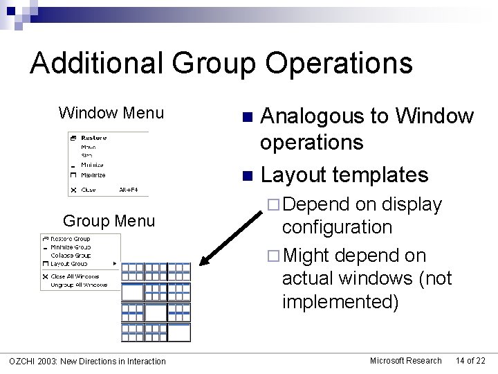Additional Group Operations Window Menu Group Menu OZCHI 2003: New Directions in Interaction Analogous