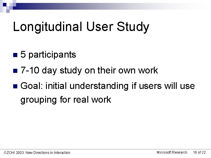 Longitudinal User Study n 5 participants n 7 -10 day study on their own