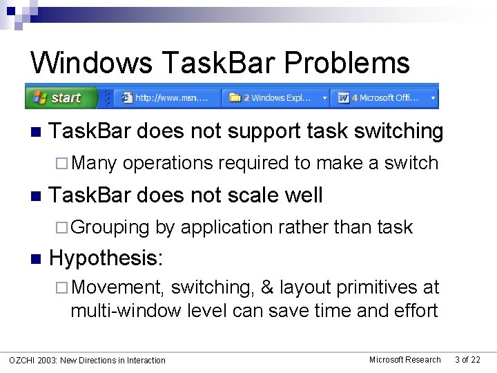 Windows Task. Bar Problems n Task. Bar does not support task switching ¨ Many