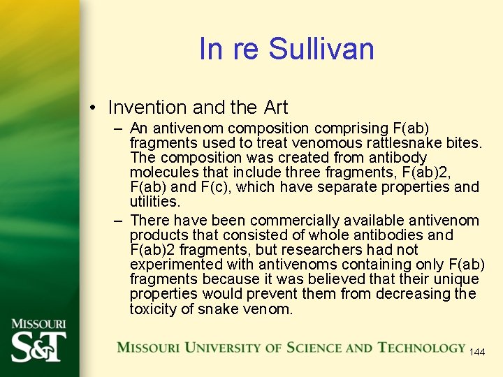 In re Sullivan • Invention and the Art – An antivenom composition comprising F(ab)