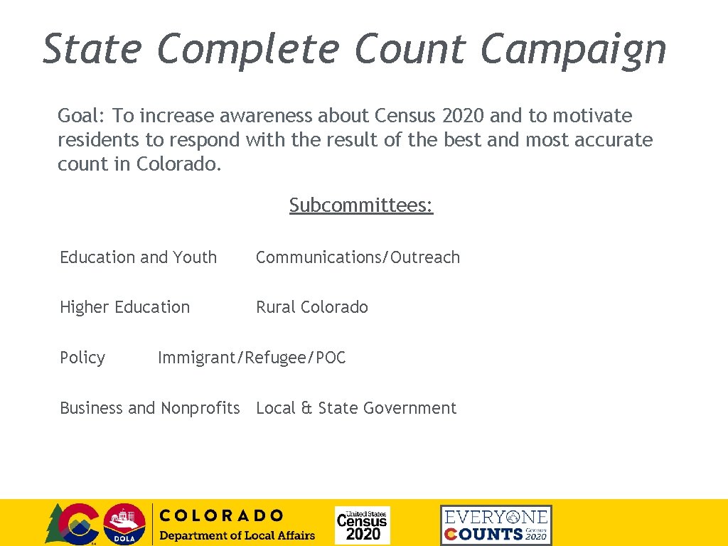 State Complete Count Campaign Goal: To increase awareness about Census 2020 and to motivate