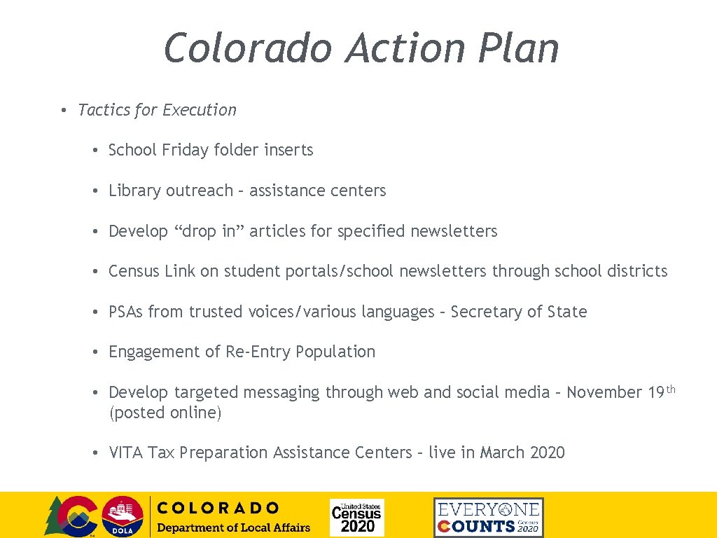 Colorado Action Plan • Tactics for Execution • School Friday folder inserts • Library