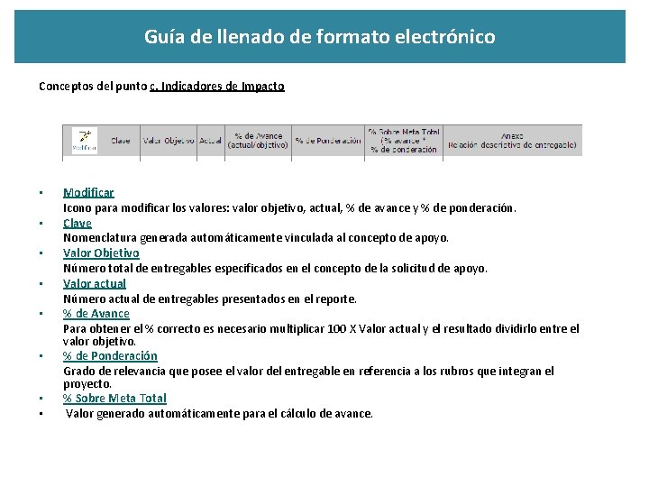 Guía de llenado de formato electrónico Conceptos del punto c. Indicadores de Impacto •