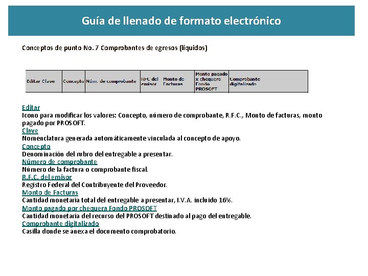 Guía de llenado de formato electrónico Conceptos de punto No. 7 Comprobantes de egresos