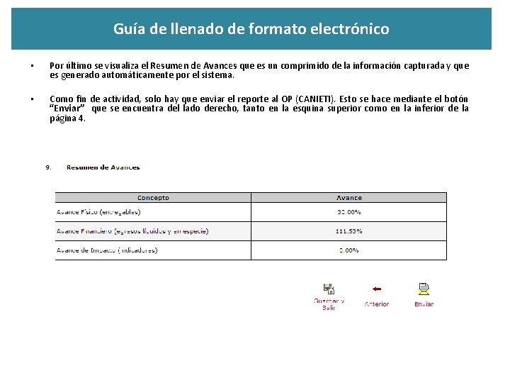 Guía de llenado de formato electrónico • Por último se visualiza el Resumen de