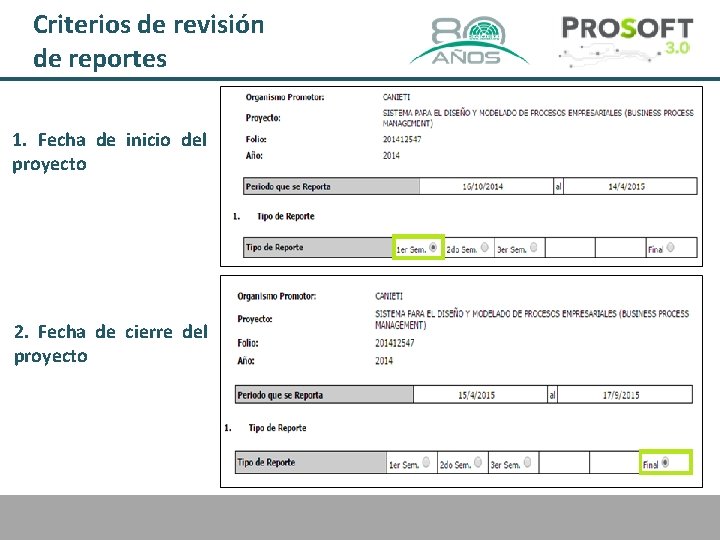 Criterios de revisión de reportes 1. Fecha de inicio del proyecto 2. Fecha de