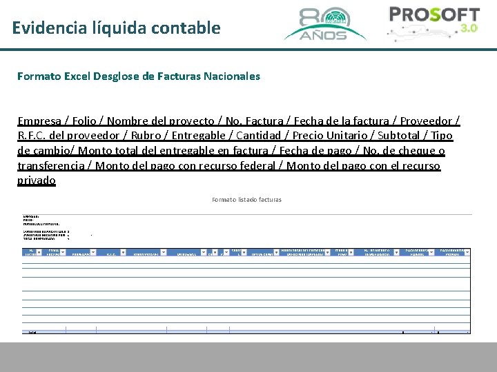 Evidencia líquida contable Formato Excel Desglose de Facturas Nacionales Empresa / Folio / Nombre