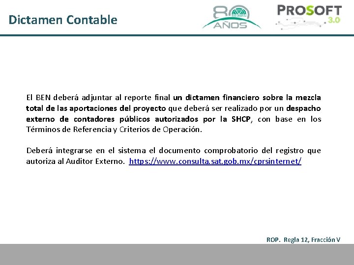 Dictamen Contable El BEN deberá adjuntar al reporte final un dictamen financiero sobre la