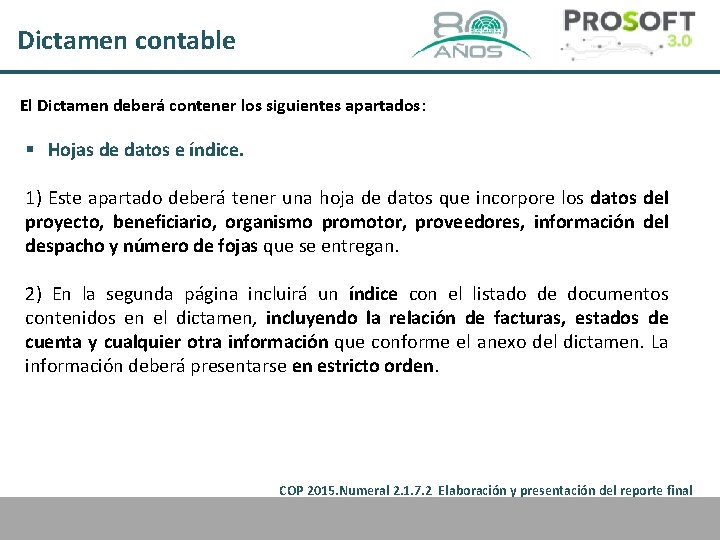 Dictamen contable El Dictamen deberá contener los siguientes apartados: § Hojas de datos e