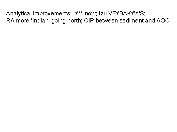 Analytical improvements; I≠M now; Izu VF≠BAK≠WS; RA more ‘Indian’ going north; CIP between sediment