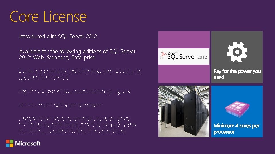 Core License Introduced with SQL Server 2012 Available for the following editions of SQL