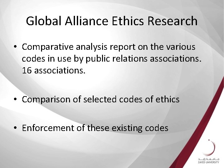 Global Alliance Ethics Research • Comparative analysis report on the various codes in use