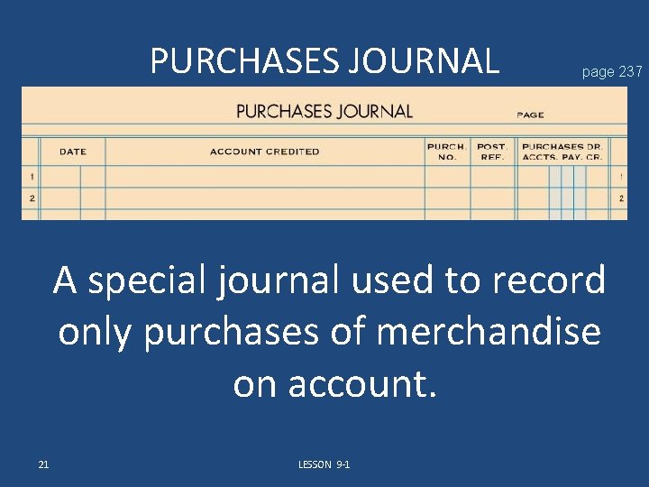 PURCHASES JOURNAL page 237 A special journal used to record only purchases of merchandise