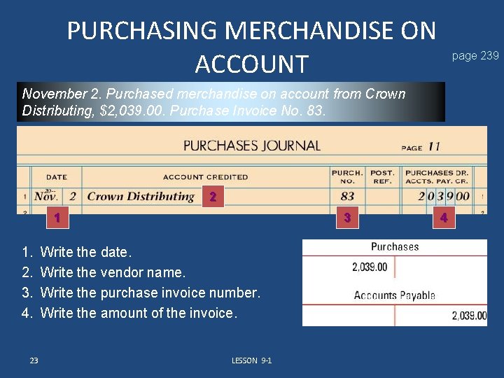 PURCHASING MERCHANDISE ON ACCOUNT page 239 November 2. Purchased merchandise on account from Crown
