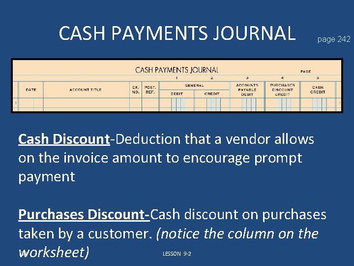 CASH PAYMENTS JOURNAL page 242 Cash Discount-Deduction that a vendor allows on the invoice